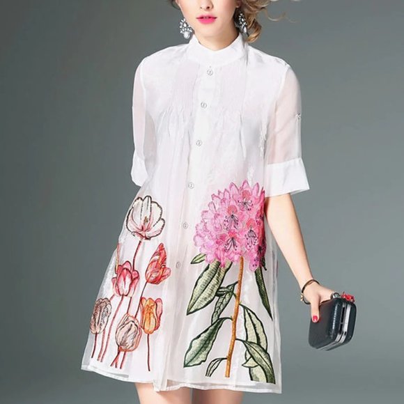 NWoT Lady Ribbon Embroidered Floral Layered Shirt Mini Dress Button White - Picture 2 of 13